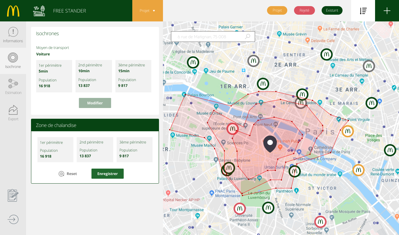 Outil Free Stander de McDonald's : pour une adresse à Paris, les isochrones à 5, 10 et 15 minutes en voiture et la population de chaque périmètre, la zone de chalandise tracée sur la carte, et les restaurants alentour, existants, en projet ou rejetés.
