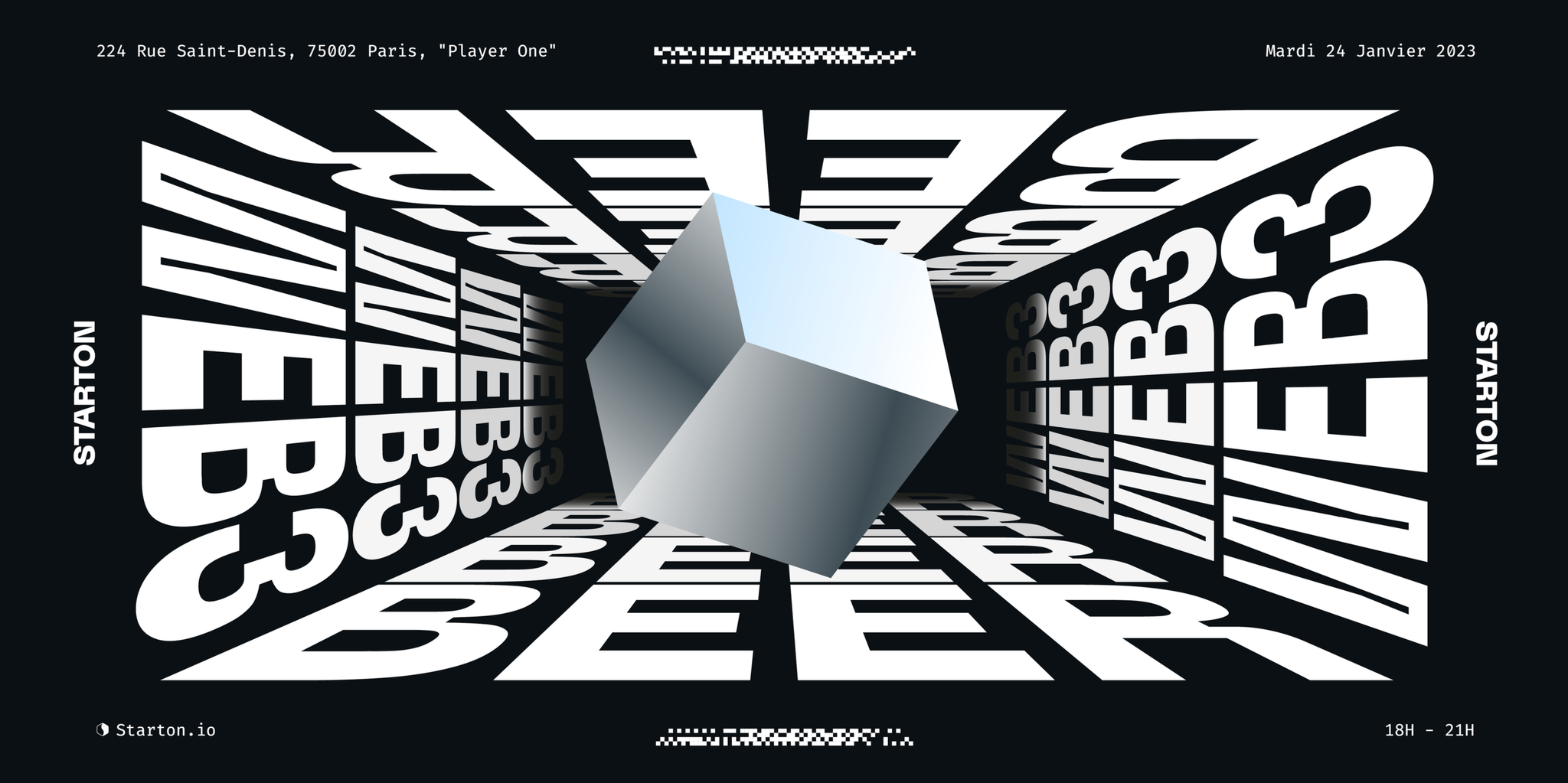 Visuel d'une soirée Beer & Web3, le mardi 24 janvier 2023 de 18 h à 21 h au Player One, 224 rue Saint-Denis à Paris : un cube en 3D dans un tunnel de mots « Beer » et « Web3 ».