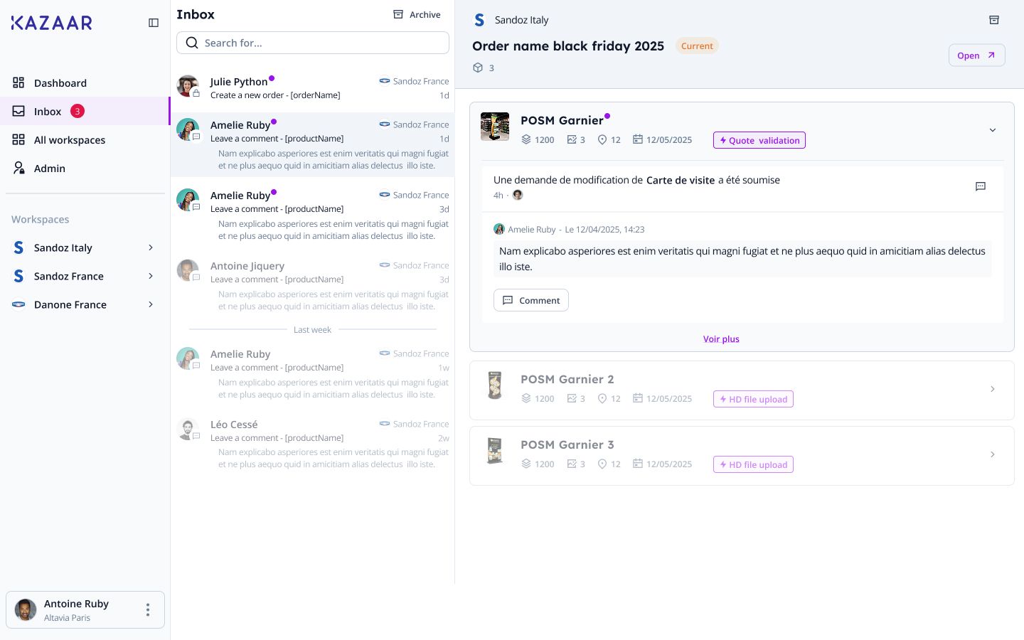 Page Inbox de Kazaar : à gauche, les dernières activités, nouvelles commandes et commentaires, chacune avec son auteur et son workspace ; à droite, la commande ouverte et ses produits, chacun avec l'action en attente, et sous le premier, une demande de modification et son commentaire.