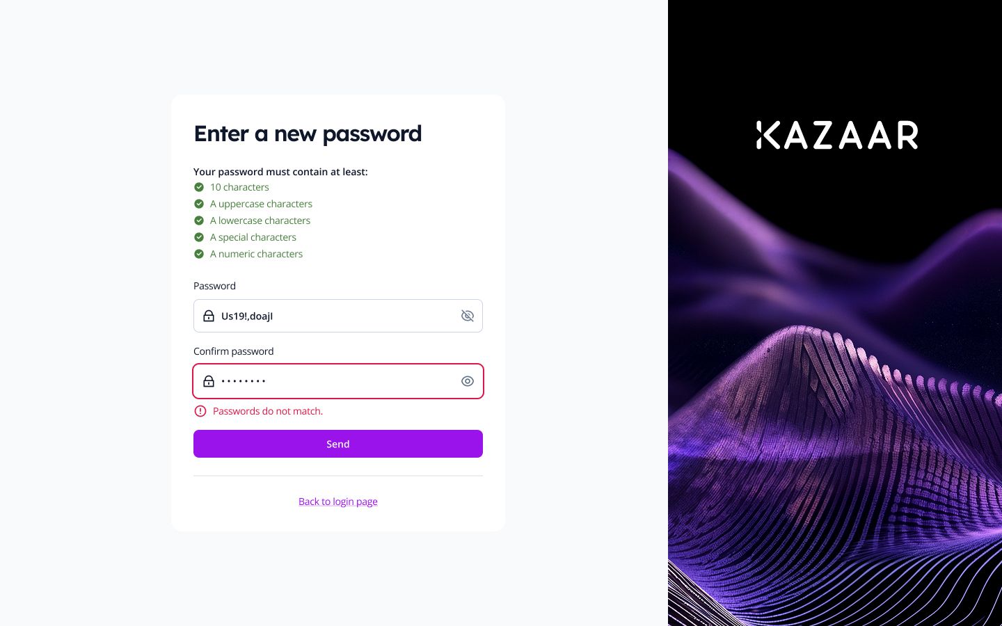 Écran de création d'un nouveau mot de passe : les cinq règles à respecter, cochées une à une, et l'erreur sous la confirmation, « Passwords do not match ».