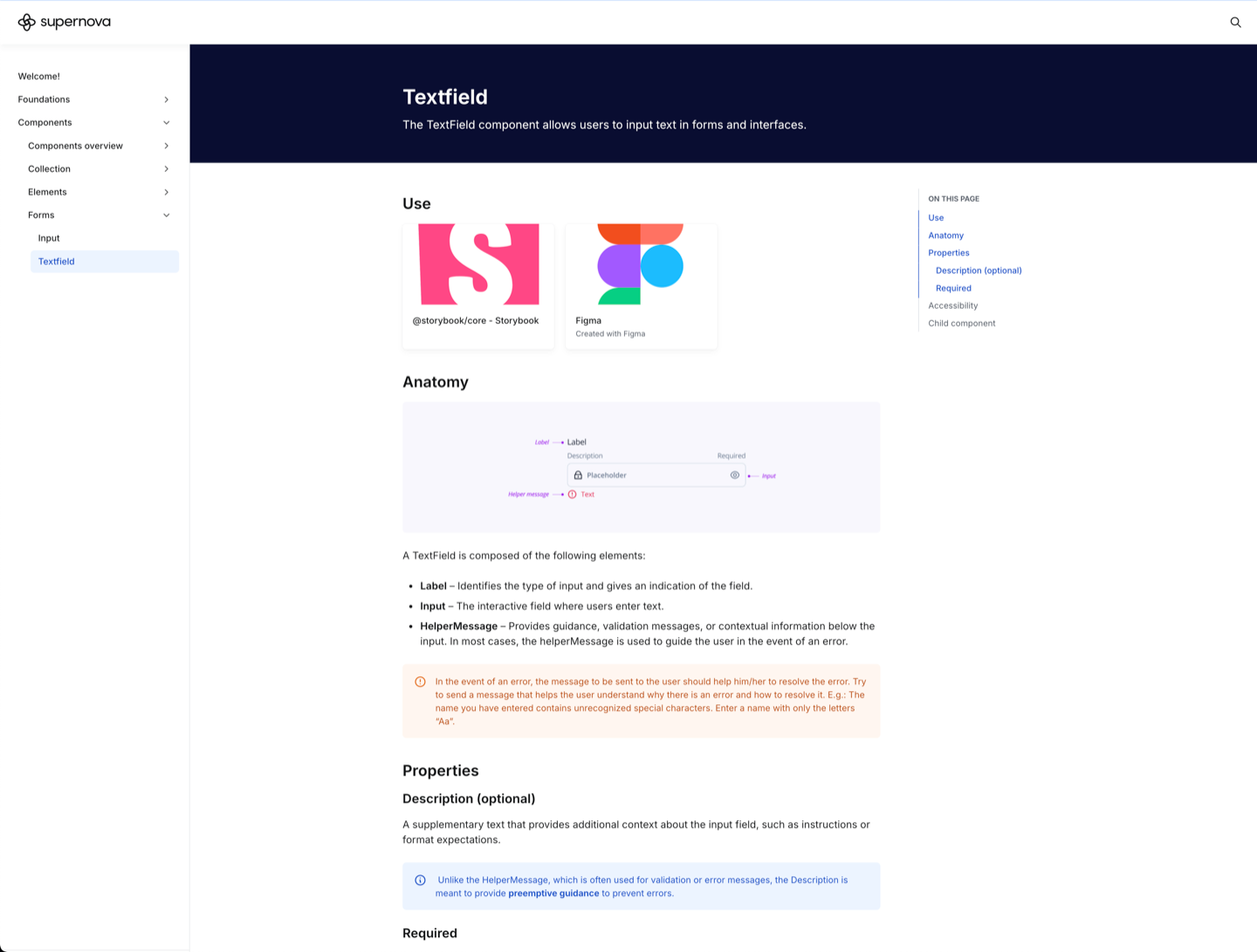Documentation Supernova du composant Textfield : liens vers Storybook et Figma, anatomie annotée (label, champ, message d'aide), puis ses propriétés.