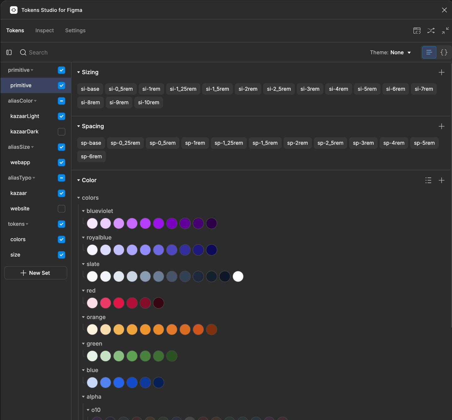 Plugin Tokens Studio dans Figma : à gauche, les sets de tokens (primitives, alias de couleur, de taille et de typographie, thèmes clair et sombre de Kazaar) ; à droite, les tokens de taille et d'espacement, puis les palettes de couleurs.