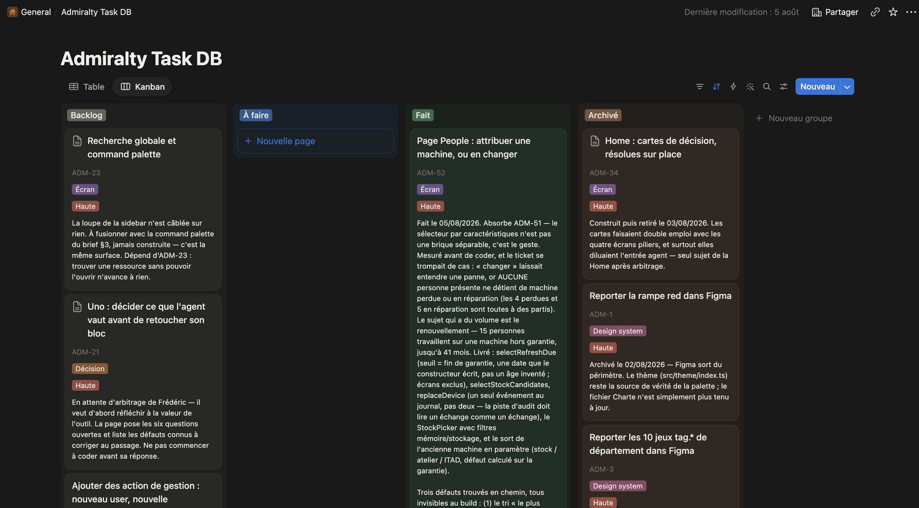 Base Notion du projet Admiralty en vue kanban : colonnes Backlog, À faire, Fait et Archivé, chaque tâche portant un identifiant, une catégorie et une priorité