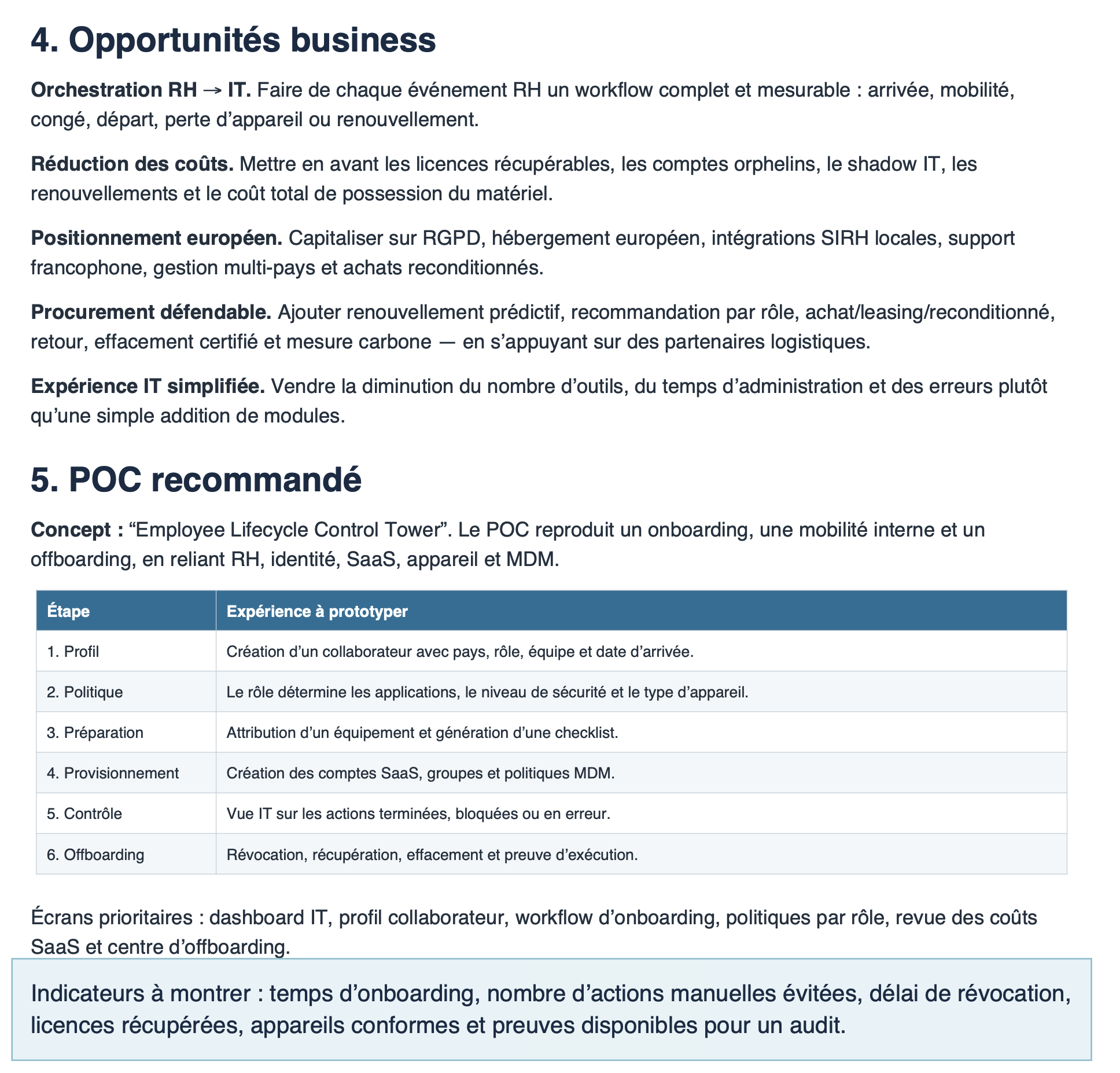 Synthèse de recherche : opportunités business et POC recommandé, étape par étape